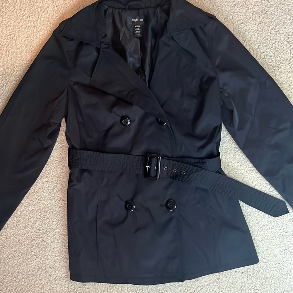 Style&co black double button belted pea coat